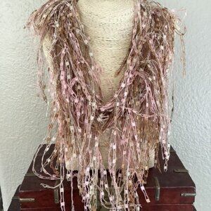 Pink, gold and tan ribbon scarf necklace (70")